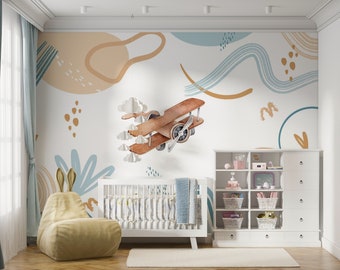 Kids Room Pastel Color Rainbow Wall Mural, Abstrac Murals, Airplane Peel and Stick Child Wallpaper, Airplane Wall Decal, Nursery Wallpaper