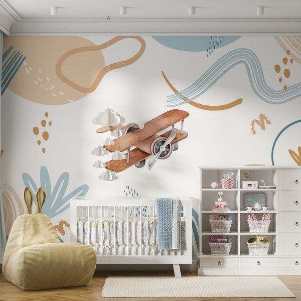 Kids Room Pastel Color Rainbow Wall Mural, Abstrac Murals, Airplane Peel and Stick Child Wallpaper, Airplane Wall Decal, Nursery Wallpaper