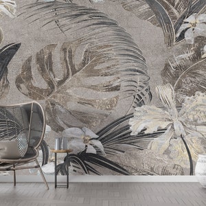 Gray Beige Colors Leaves Bedroom Wallpaper, Vintage View Monstera Leaf Bathroom Wall Mural, Monstera Leaves Tropical Peel Stick Wallpaper