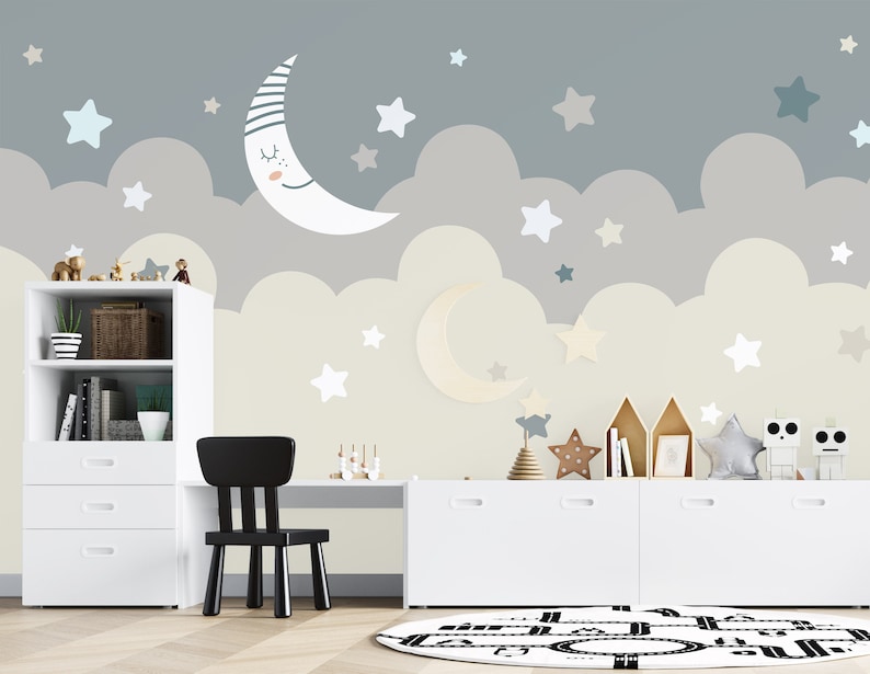 Pastel Sky Nursery Wallpaper Mural, Moon Stars Clouds, Peel and Stick ...