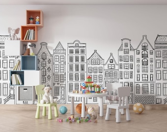 Minimalist City Houses Mural, Scandinavian Nursery Wallpaper, Black White Town Silhouette Art