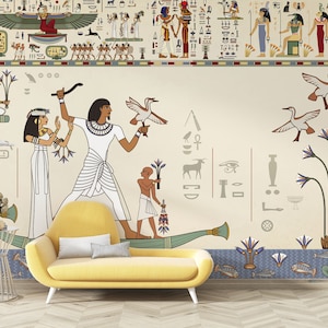 Murales di mitologia egizia, murali di papiro antico, murali di geroglifici, carta da parati mitologica facile da installare e staccare