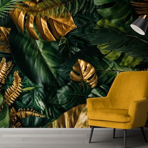 Botanische Tapete zum Abziehen und Aufkleben, Dunkelgrüne Tropische Pflanzen, Dunkle Botanische Tapete, Blätter Schälen und Aufkleben, Blattgold Tapete