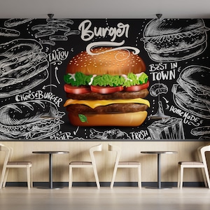 Mural de pared personalizable con logotipo de restaurante de comida rápida, mural despegable y adhesivo de hamburguesería, póster de pared de cafetería de hamburguesas con fondo negro