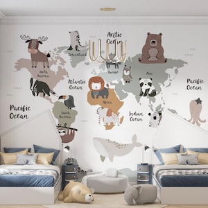 Pastellfarbe Kontinente Karte Wandbild Wandbild Kinder Tapete, Kinderzimmer Welt Wandbild, Baby Tiere Trainer Weltkarte Kinderzimmer Wandbild