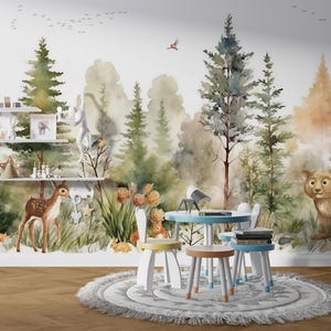Baby Kids Wallpaper, Autumn Trees Peel and Stick Wall Mural, Self Adhesive Nursery Wall Mural, Child Room Woodland Decor, Forest Animals