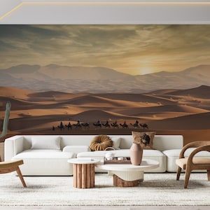 Fotomurali con paesaggi desertici da staccare e attaccare, poster da parete con carovana di cammelli nel deserto, carta da parati con paesaggi autentici, immagini di tramonti nel deserto