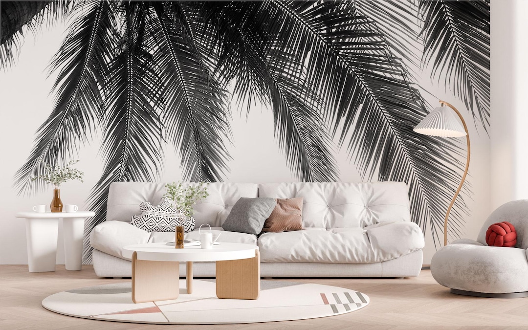 Black and White Palm Leaf Wallpaper, Minimalist Tropical Wall Mural ...