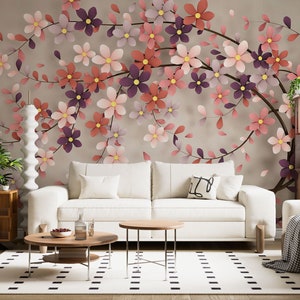 3D View Florals Tree Wallpaper, Flowers Badroom Self Adhesive Wallpape Mural, Purple Flowers Peel And Stick Living Room Textured Wallpaper