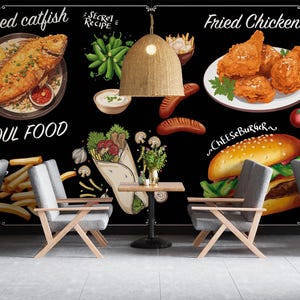 Papel tapiz de restaurante de comida rápida, póster mural culinario personalizable, murales de pared de hamburguesas, falafel, shwarma, murales de pared de pollo frito,