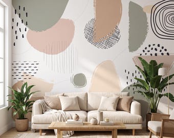 Abstract Boho Shapes Wallpaper, Soft Neutral Wall Mural Neutral Modern Living Room Decor