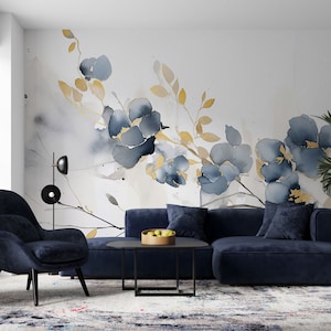 Benutzerdefinierte Größen Pastellblau Farben Florals schälen und aufkleben Tapete, Blätter und Zweige Wandbild, Aquarell Blumen selbstklebendes Papier