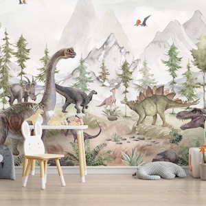 Leben der Dinosaurier im Dschungel Kinder Tapete - Berge und Bäume abziehen und aufkleben, selbstklebendes Wandbild, Dinosaurierartenwaldaufkleber