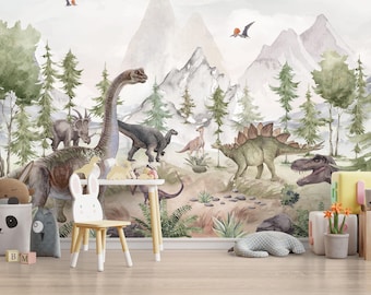 Lives Of The Dinosaurs In The Jungle Kids Wallpaper- Mountain and Trees Peel & Stick Self Adhesive Wall Mural, Dinosaur Species Forest Decal