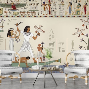 Egyptian Mythology Peel Stick Wall Mural, Antique Papyrus Wall Murals, Hieroglyph Wall Murals, Beige Colors Mythological Wall Decor Mural