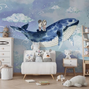 Carta da parati per bambini con cielo blu e nuvole, carta da parati per bambini con sbucciatura e attacco a forma di balena, murale per la cameretta dei bambini con simpatica balena, murale per la cameretta dei bambini