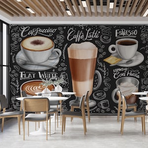 Murales di caffetterie, poster di caffetterie, murale di caffetterie bistrot, decorazioni murali di caffetterie, carte da parati acquerello di caffetterie, carta da parati staccabile e adesiva