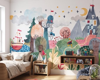 Watercolor Castle Kids Wallpaper, Fairy Tale Nursery Wall Mural, Removable Playroom Decor