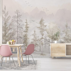 The Nordic Style Kids Wallpaper, European Style, Forest Woods Wall Mural, Peel And Stick Watercolor Pastel Color Forest Removable Wallpaper image 4