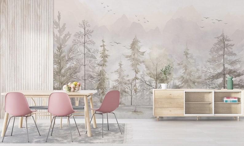 The Nordic Style Kids Wallpaper, European Style, Forest Woods Wall Mural, Peel And Stick Watercolor Pastel Color Forest Removable Wallpaper image 4