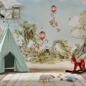 Forest Watercolor Kids Wallpaper, Tree Houses Nursery Wall Mural, Forest Houses Child Baby Room Murals, Animals Nursery Peel Stick Murals