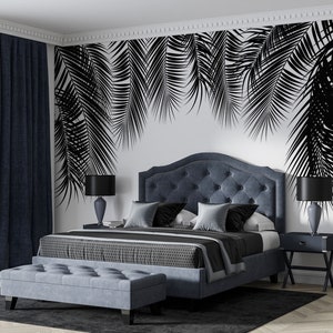 Carta da parati murale con foglie di palma tropicali in bianco e nero per soggiorno, carta da parati murale con foglie di palma grandi in bianco e nero per camera da letto, carta da parati murale per il bagno