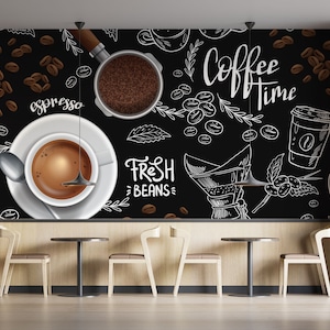 Elegante carta da parati per caffetteria, murale del caffè in stile francese, elegante poster personalizzabile del caffè