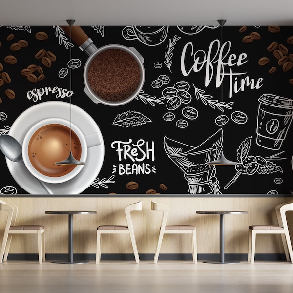 Stylish Coffee Shop Wallpaper, French Style Cafe Mural, Elegant Customizable Cafe Poster
