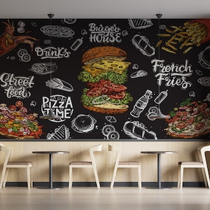 Carta da parati personalizzabile e facilmente rimovibile per ristoranti fast food, murale per bar alla moda con hamburger, poster da parete per pizzeria, pizza e hamburger