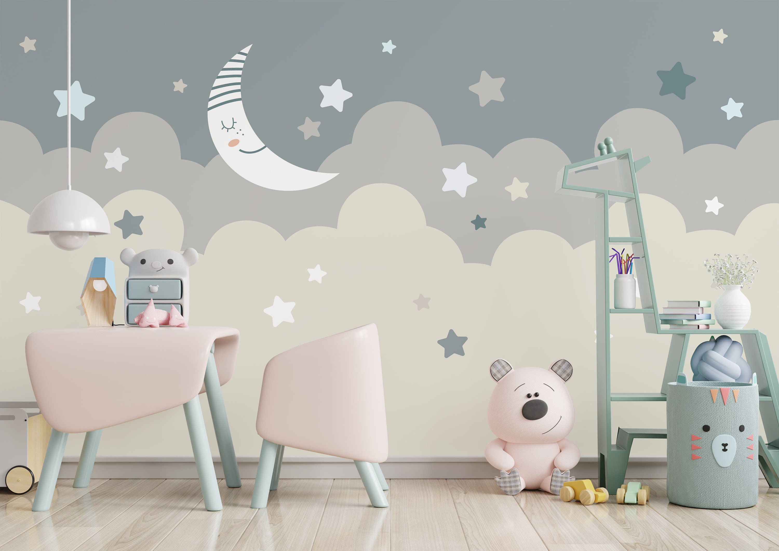Pastel Sky Nursery Wallpaper Mural, Moon Stars Clouds, Peel and Stick ...
