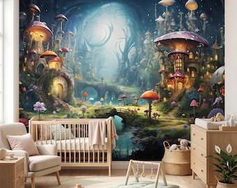 Enchanted Mushroom Forest Mural Fairy Tale Kids Room Wallpaper Peel and Stick Wall Decor