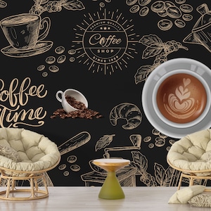 Murale da parete del caffè, carta da parati elegante della caffetteria, murale del caffè in stile francese, elegante poster personalizzabile del caffè, carta da parati del negozio del caffè