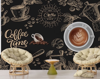 Coffee Wall Mural, Stylish Coffee Shop Wallpaper, French Style Cafe Mural, Elegant Customizable Cafe Poster, Cafe Shop WallPaper