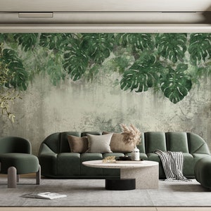 Rustic Design Green Big Leaves Tropical Wallpaper, Watercolor Leaf Pattern Easy Removable Wall Mural, Badroom Leaf Wall Murals, Leaves Mural
