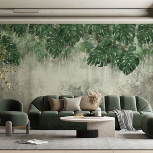 Dark Green Big Leaves Watercolor Tropical Wallpaper, Trendy Monstera Leaf Pattern Easy Removable Wall Mural, Big Monstera Leaf Murals. image 1