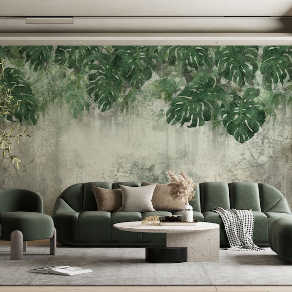 Dark Green Big Leaves Watercolor Tropical Wallpaper, Trendy Monstera Leaf Pattern Easy Removable Wall Mural, Big Monstera Leaf Murals.