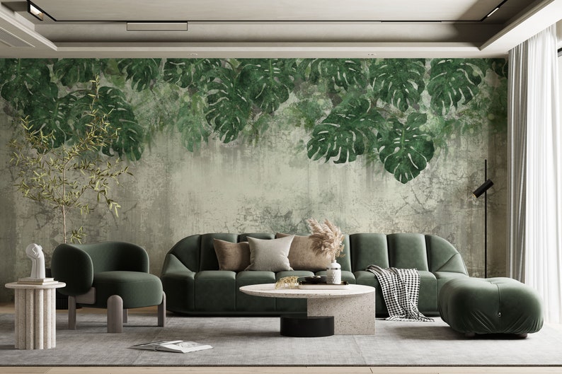 Dark Green Big Leaves Watercolor Tropical Wallpaper, Trendy Monstera Leaf Pattern Easy Removable Wall Mural, Big Monstera Leaf Murals. image 1