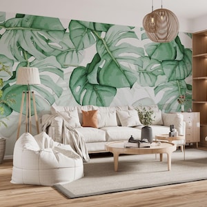 Tropische Monstera Blätter schalen und aufkleben Tapete, Tropic Vinyl Tapete, Tropisches Blatt Wandbild, Grüne Farbe Tropisches Wohnzimmer Wandbild