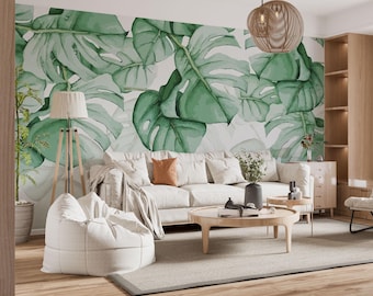 Tropical Monstera Leaves Peel And Stick Wallpaper, Tropic Vinyl Wallpaper, Tropical Leaf Wall Mural, Green Color Tropical Living Room Mural