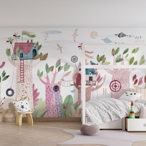 Carta da parati murale Macig Kids, carta da parati murale per cameretta dei bambini con divertenti casette sugli alberi, carta da parati murale per cameretta dei bambini in stile nordico con tema boschivo, carta da parati adesiva con effetto foresta