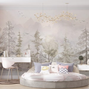 The Nordic Style Kids Wallpaper, European Style, Forest Woods Wall Mural, Peel And Stick Watercolor Pastel Color Forest Removable Wallpaper image 6