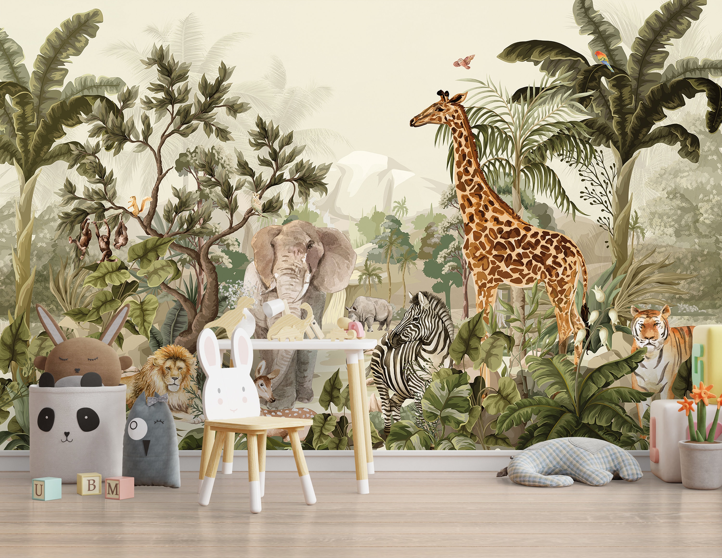 Safari Wallpaper Jungle Wall Mural Nursery Jungle Animals Etsy Australia