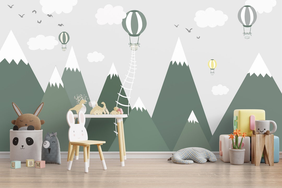 Green Mountains Kids Wallpaper – Hot Air Balloon Nursery Wall Mural ...