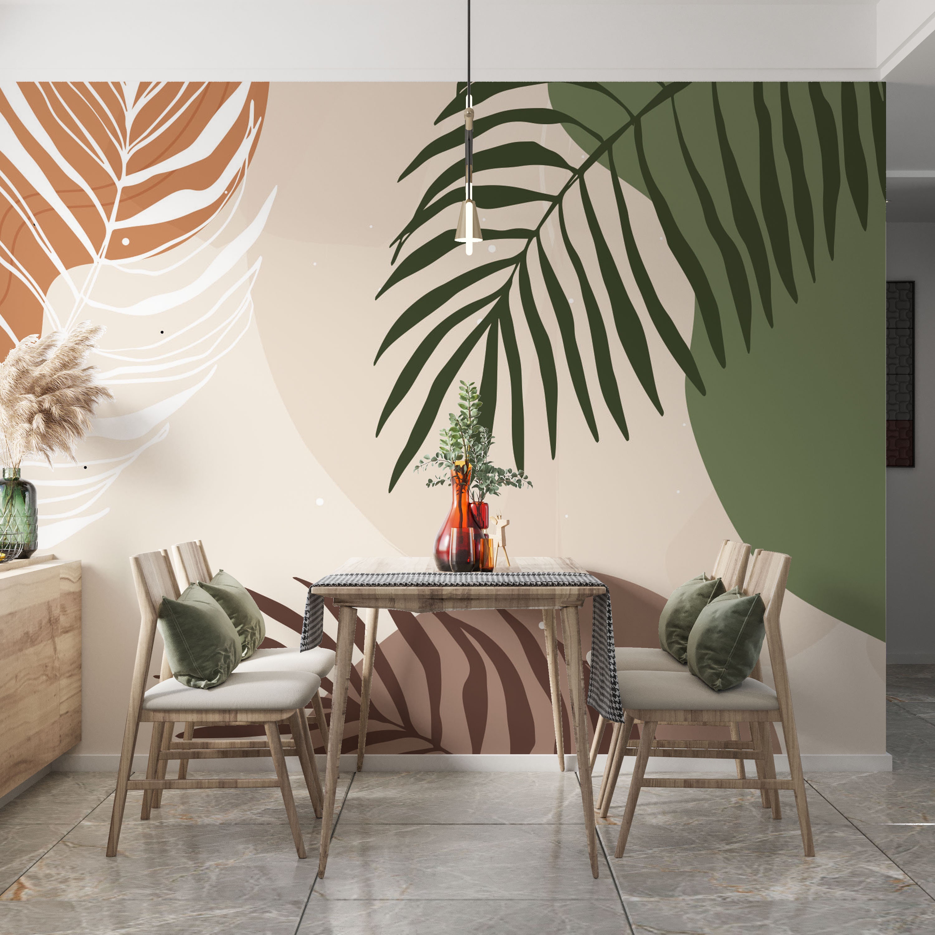 Mid Century Modern Abstract Botanical Wall Mural, Earth Tone Leaf ...