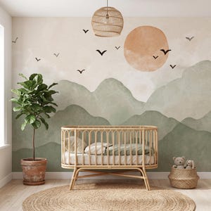Bohemian Watercolor Mountains Nursery Wallpaper, Sunset Peel & Stick Mural (Kids)