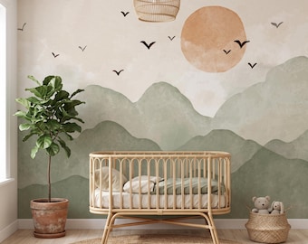 Bohemian Watercolor Mountains Nursery Wallpaper, Sunset Peel & Stick Mural (Kids)