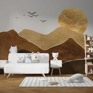 Gold Bohemian Colors Nursery Self Adhesive Wallpaper, Sunset Through The Mountains With Watercolor Effect Peel Stick Baby Kids Wall Murals