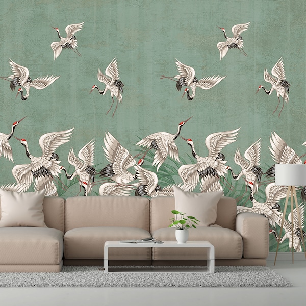 Crane Birds Wallpaper. Asian Style Peel and Stick. Crane Birds Wall Mural. Removable Wallpaper. Chinese Birds Mural. Customizable Wall Mural