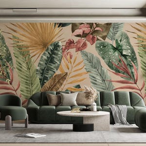 Stylish Tropical Leaf Wall Mural, Tropical Wallpaper, Green Trees Leaves Peel And Stick Wall Mural, Boho Colors Tropical Leaves Decor Murals