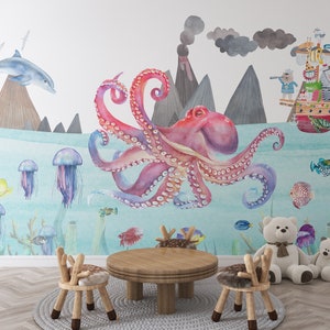 Carta da parati per bambini in stile nordico, murale con simpatici delfini e polpi sottomarini, carta da parati adesiva per la stanza dei giochi dei bambini, decorazione murale per la cameretta dei bambini